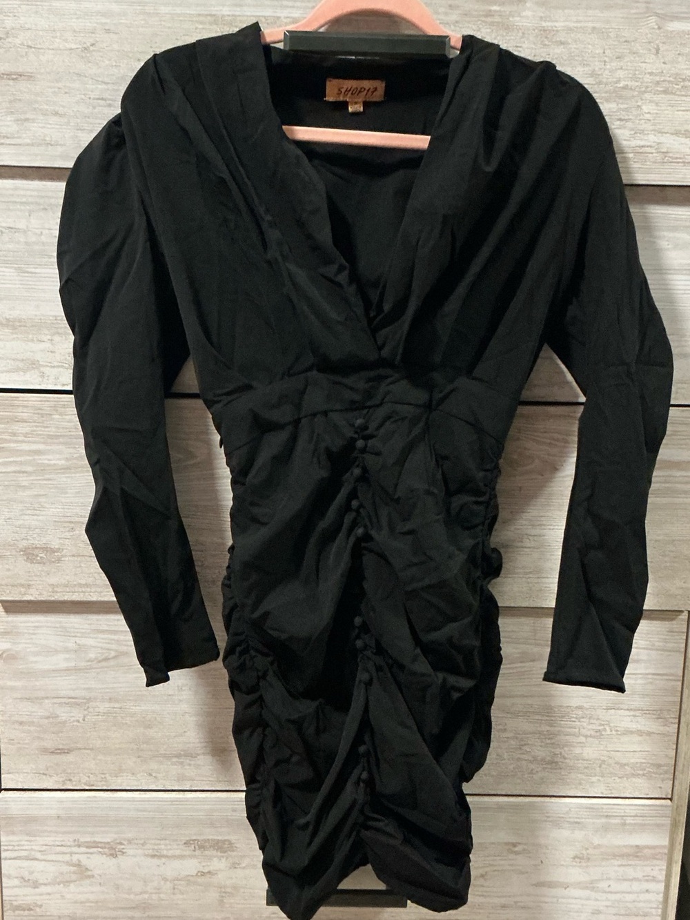 SHOP17 Black Long-Sleeve Ruched V-Neck Dress